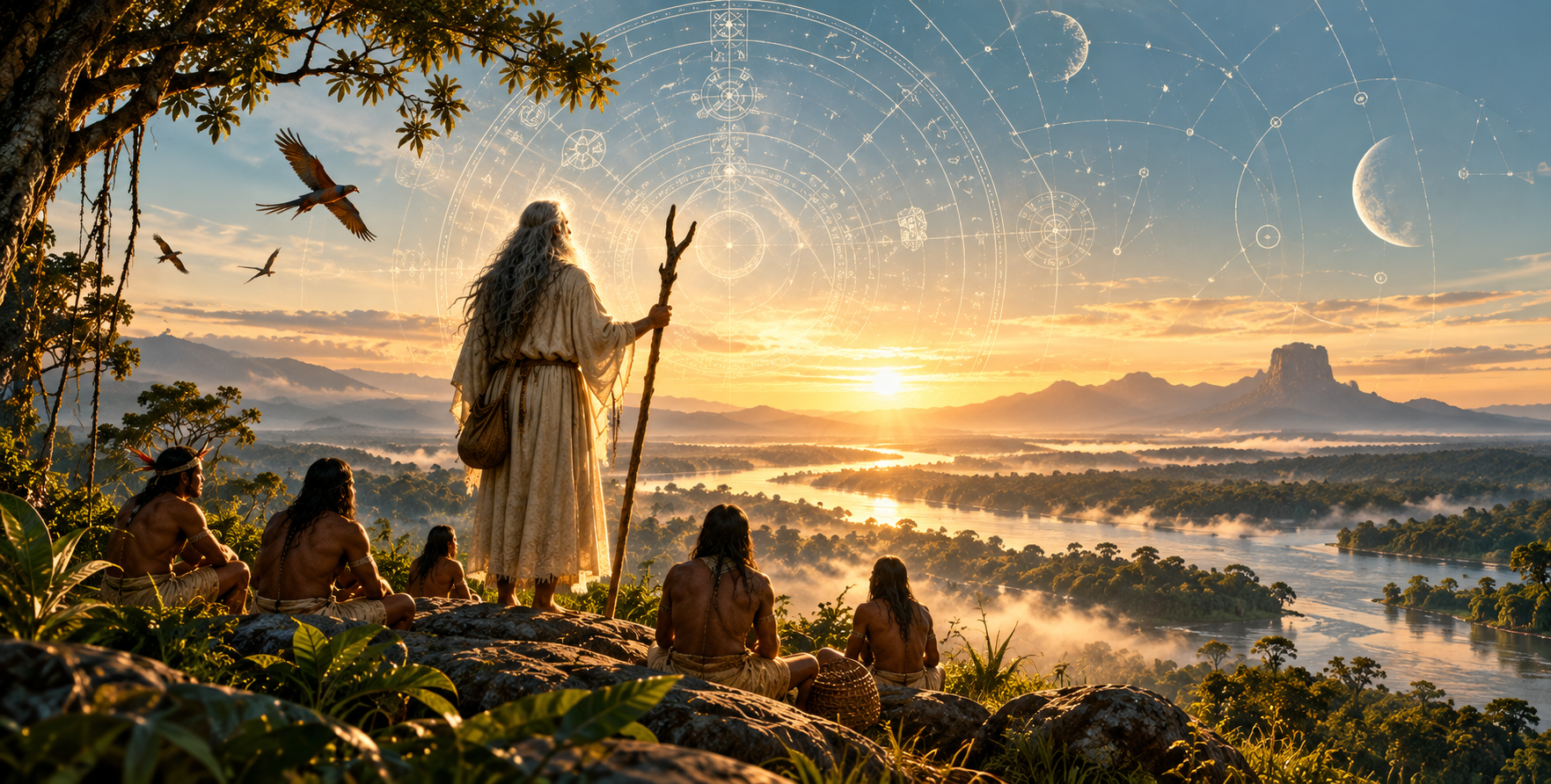 Paisagem simbólica inspirada na narrativa de Sumé, associando natureza, transmissão de saberes e conhecimento